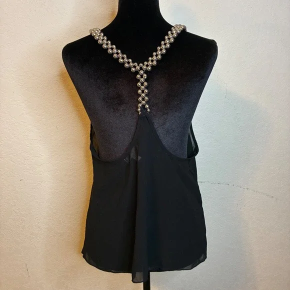 Roommates Black Beaded Tank Top Chain Strap Medium Sheer Racerback Mob Wife Goth - Picture 5 of 7